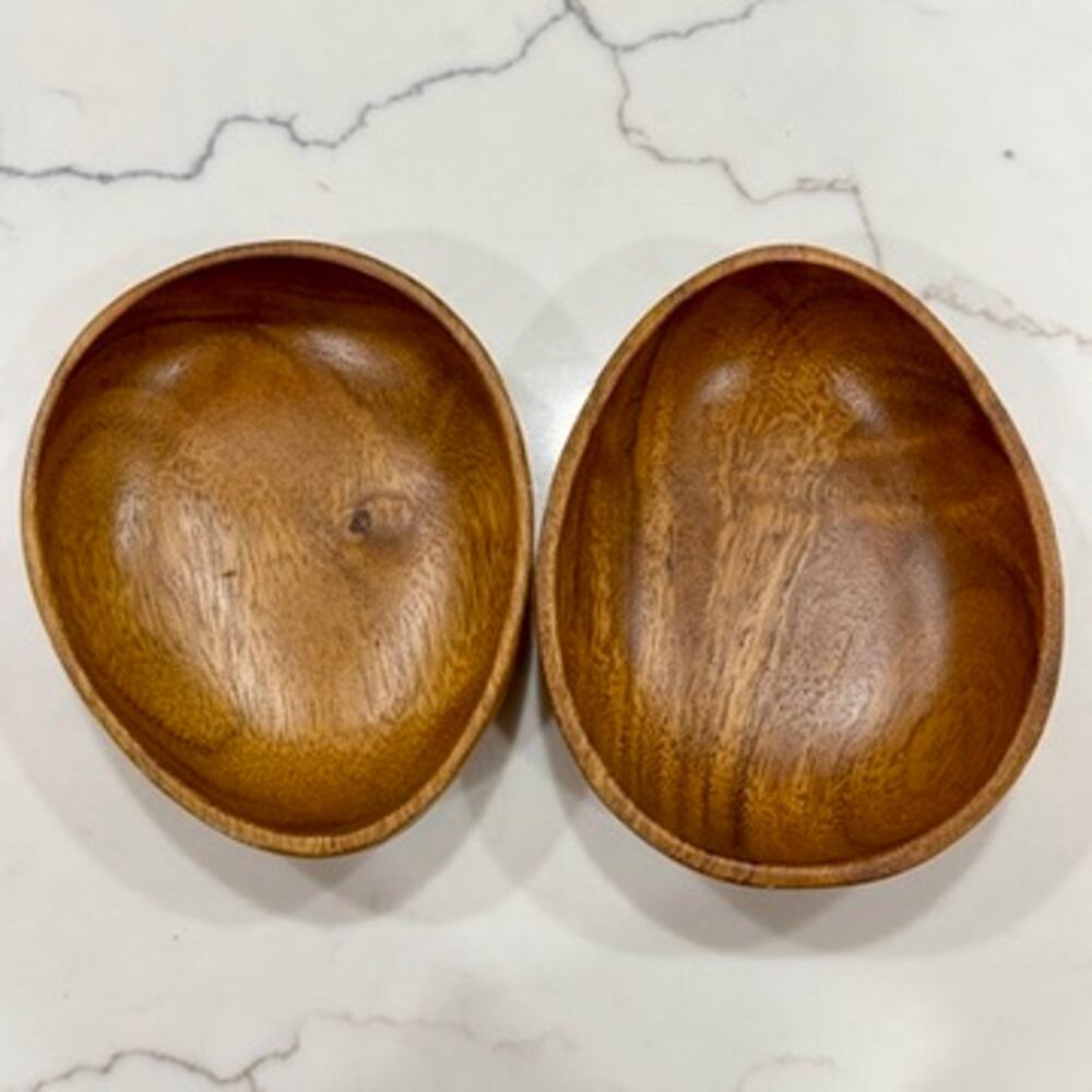 Monkey Pod Wood Bowls Set 2 Hand Carved Teardrop Avocado Mid Century Modern